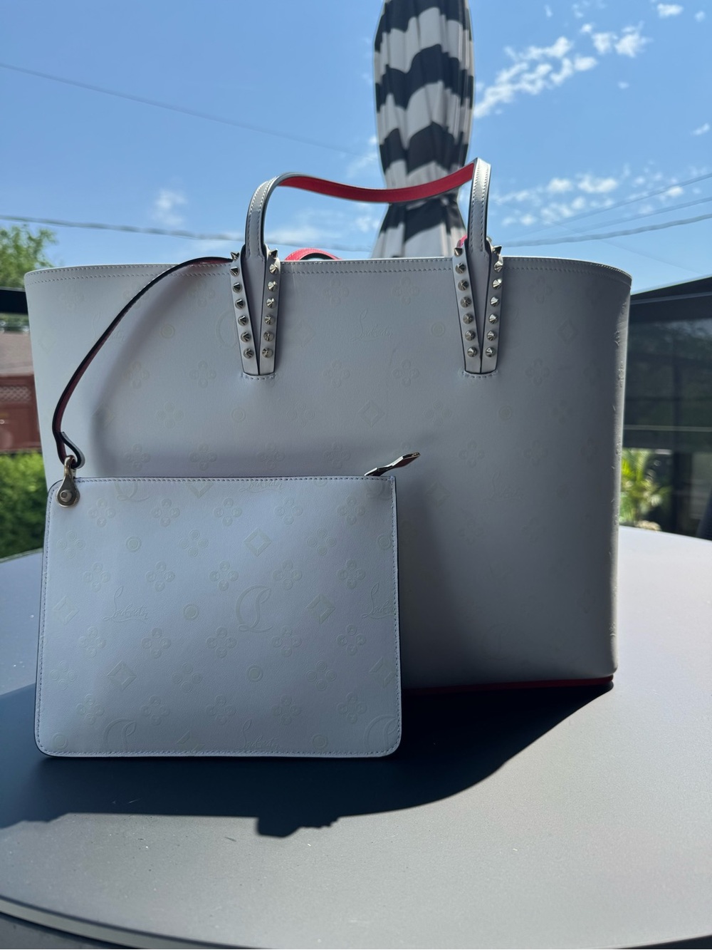 Christian Louboutin White Cabana Tote with Red Trim and Studded Handles